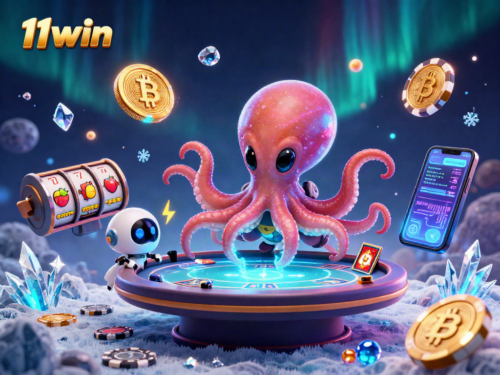 Engage with 11win's vibrant 3D casino scene featuring an alien octopus and crypto elements.