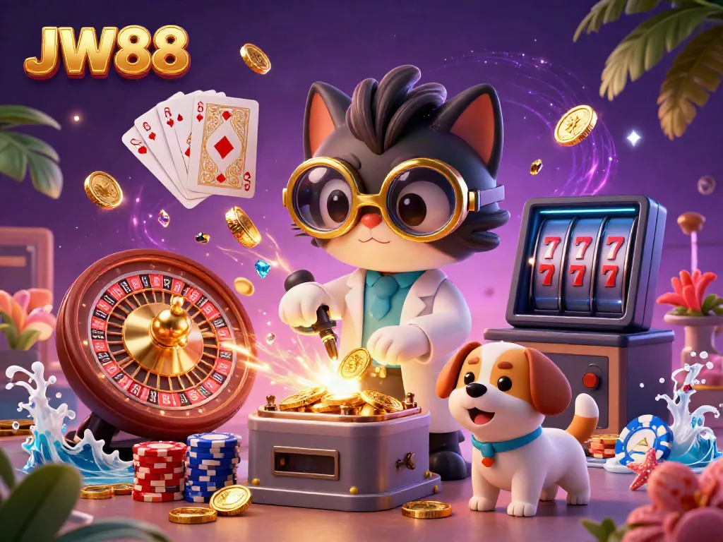 Experience the excitement at JW88 with a vibrant 3D casino scene featuring lively characters and spinning reels.