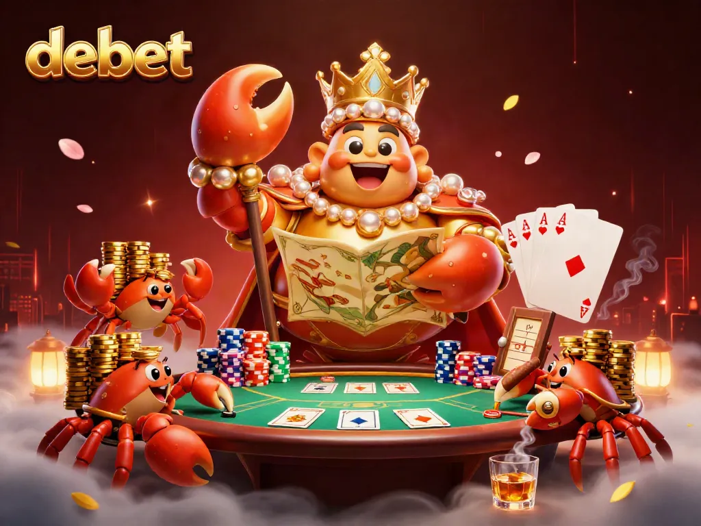 Experience debet's exciting gambling scene with a golden crab emperor and poker elements, showcasing a lively casino atmosphere.