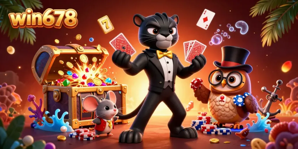 Experience the excitement of win678 with a dynamic 3D illustration of a panther dealer, owl, and lucky mouse surrounded by vibrant casino elements.