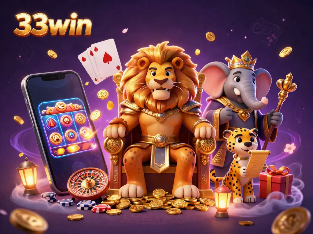 Experience the thrilling slots at 33win with a majestic lion king and lively casino themes!