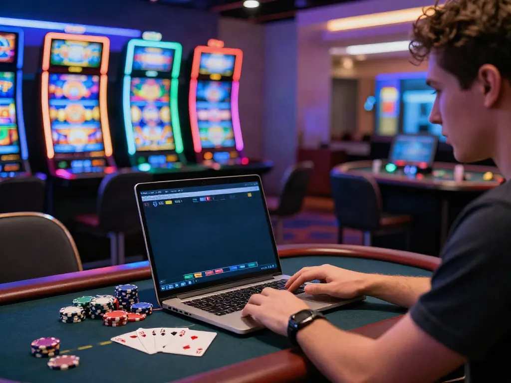 Player enjoying online credit card casinos at a modern gaming table with vibrant slot machine background.