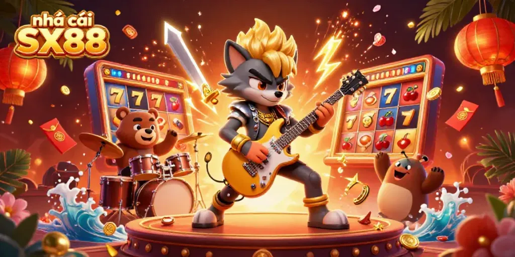 Experience excitement at nhà cái SX88 with a dynamic rock star wolf, sparkling slots, and vibrant casino elements.