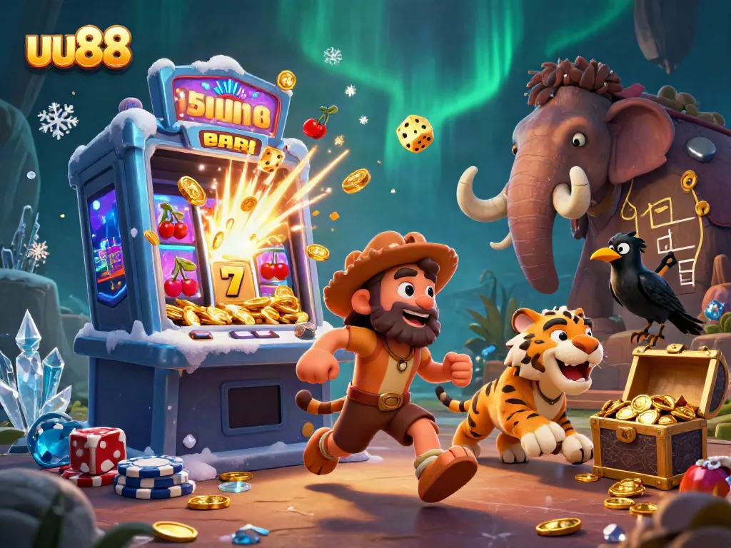 Experience thrilling gameplay at uu88 with a vibrant slot machine and animated characters in a prehistoric casino.