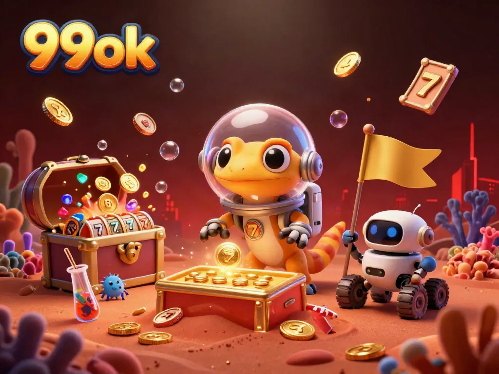 Engage with 99ok's vibrant casino scene featuring a Martian gecko and casino elements.