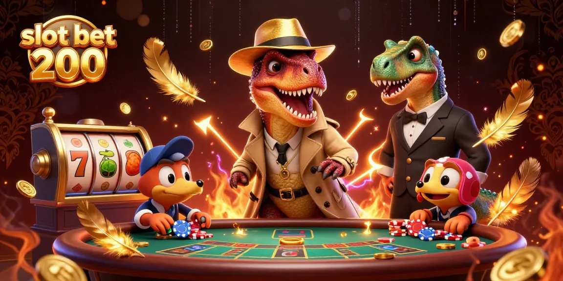 Menggunakan slot bet 200, pemain beraksi di meja kasino dengan karakter dinosaurus, menambah keseruan permainan.
