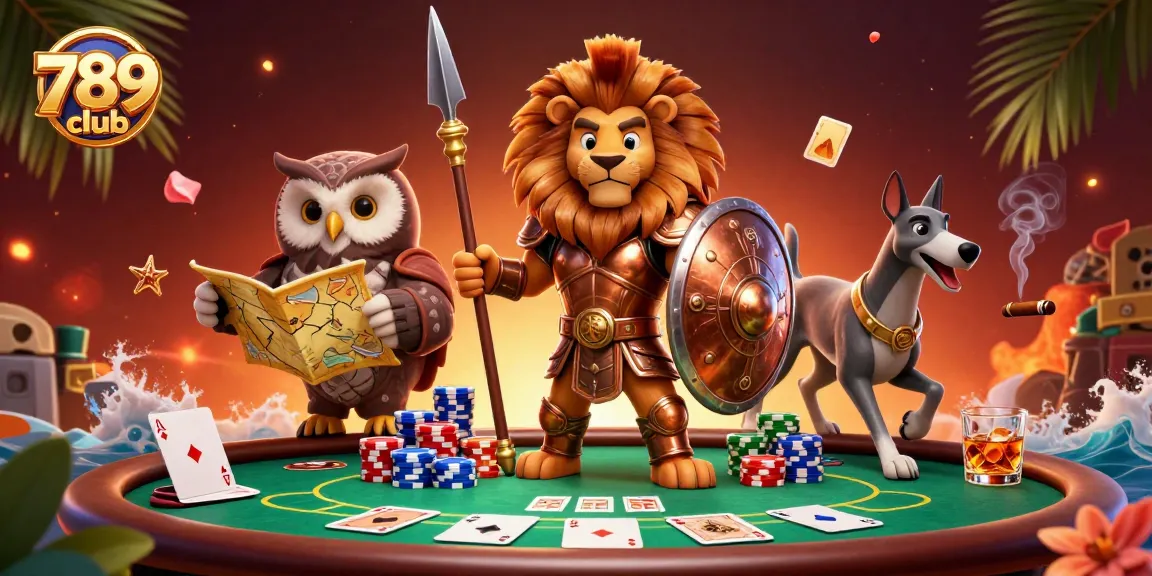 Engage with 789club in this dynamic 3D scene showcasing poker action with vibrant characters and lavish game elements.