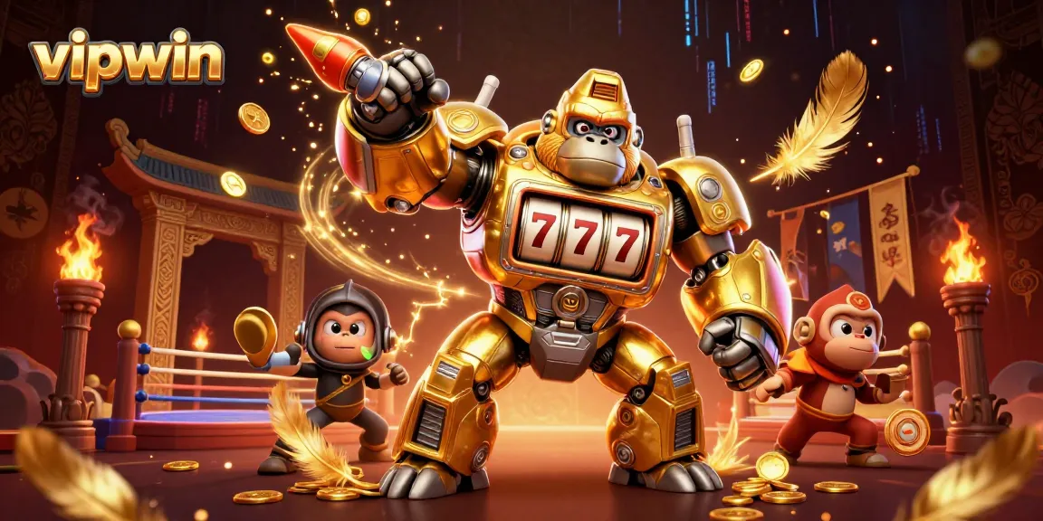 Experience exhilarating gaming at vipwin with a dynamic 3D gorilla mech surrounded by casino elements.