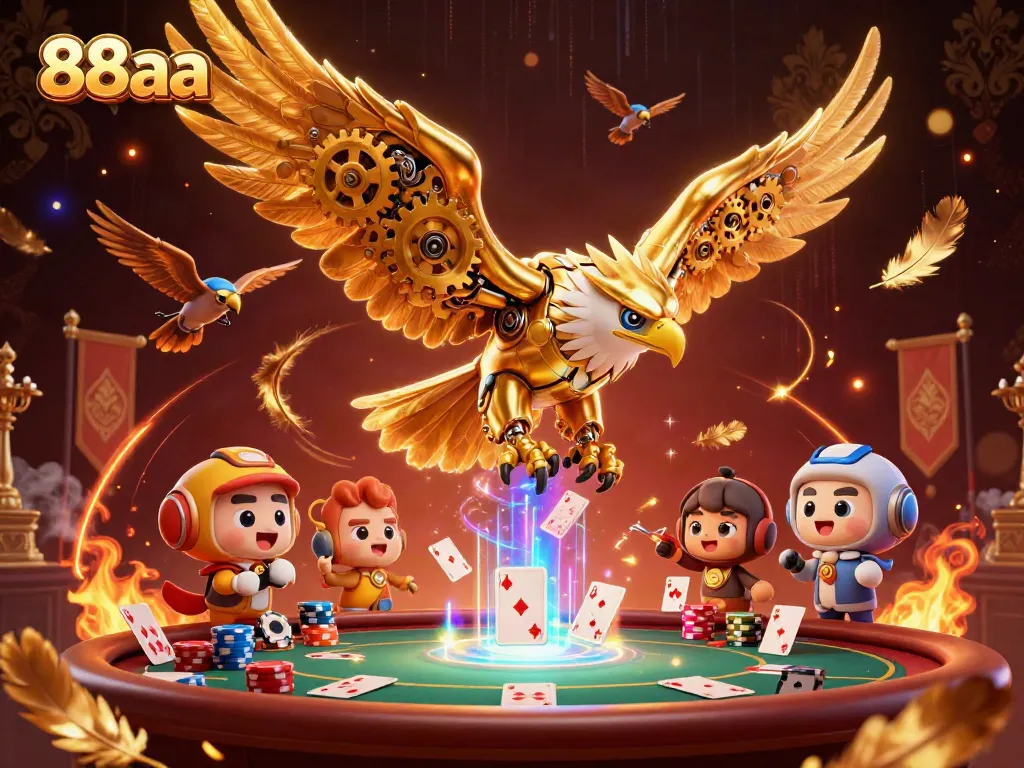 Engage with thrilling 88aa casino action featuring a gold-winged eagle amidst holographic cards.