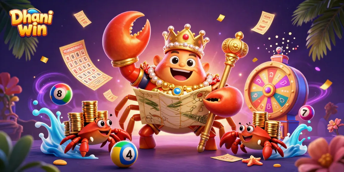 Dhani win gaming scene featuring a crab emperor holding scepter and treasure map surrounded by exciting game elements.