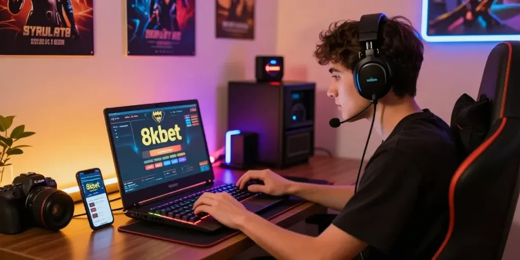 Player engaging with 8kbet online betting platform in a vibrant gaming setup.