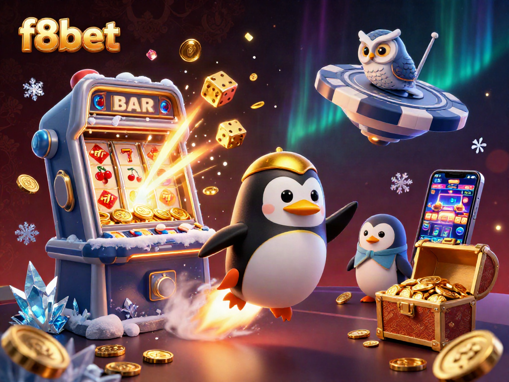 Experience thrilling gaming at f8bet with a dynamic 3D penguin and casino elements in space.