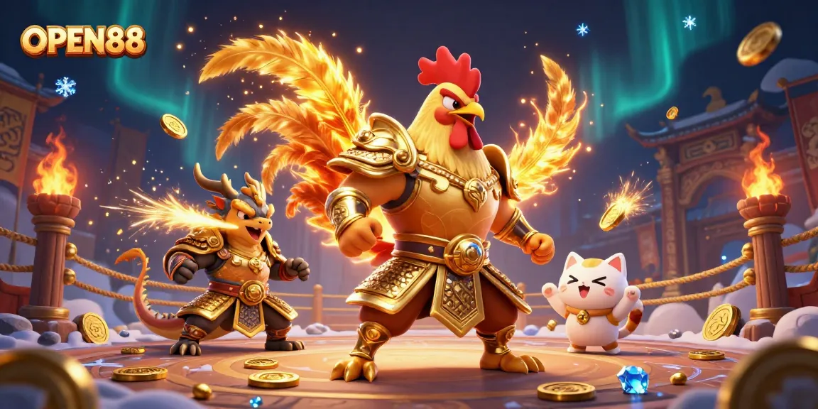 Experience thrilling battles at OPEN88 with this dynamic casino illustration featuring epic characters.