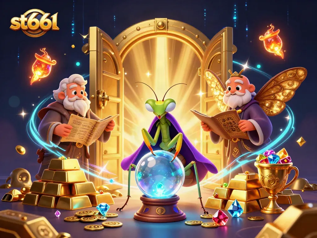 Experience vibrant st666 casino gaming with fortune telling mantis and treasure in a mystical scene.