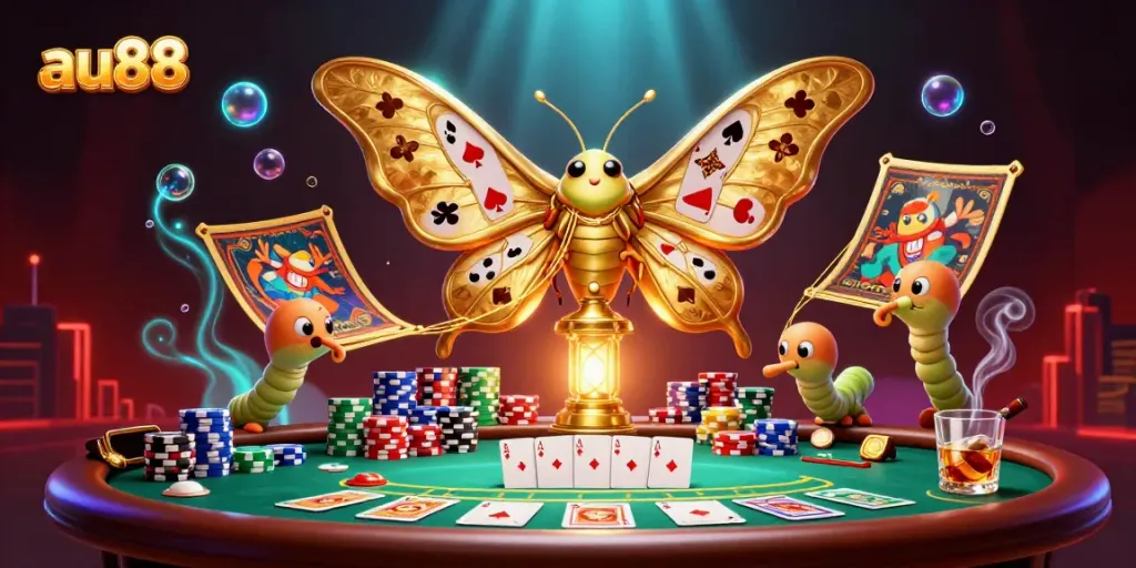 Experience the thrill of gaming at au88, featuring a majestic moth and poker scene.