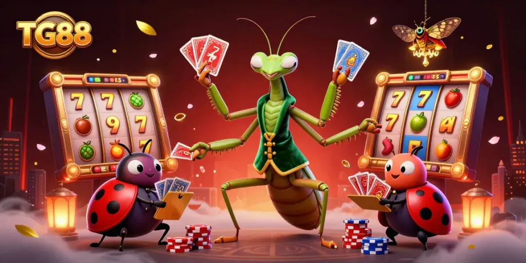 TG88 showcases a vibrant online casino scene featuring a mantis card sharp, ladybug pit boss, and dynamic slot game elements.
