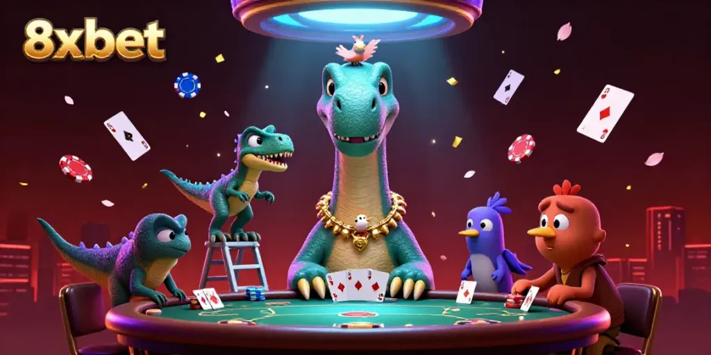 Experience fun gaming with 8xbet at a lively casino scene featuring unique characters and poker elements.