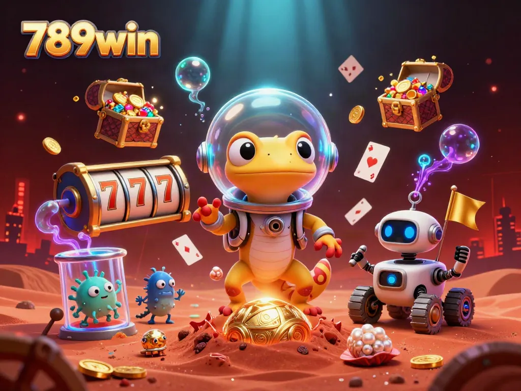 Experience the thrilling adventure of 789win with a Martian gecko exploring a golden casino.