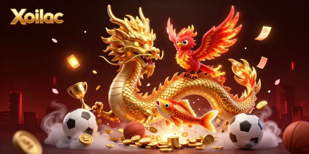 Experience thrilling sports betting action with Xoilac's golden dragon and fiery phoenix amidst vibrant game elements.