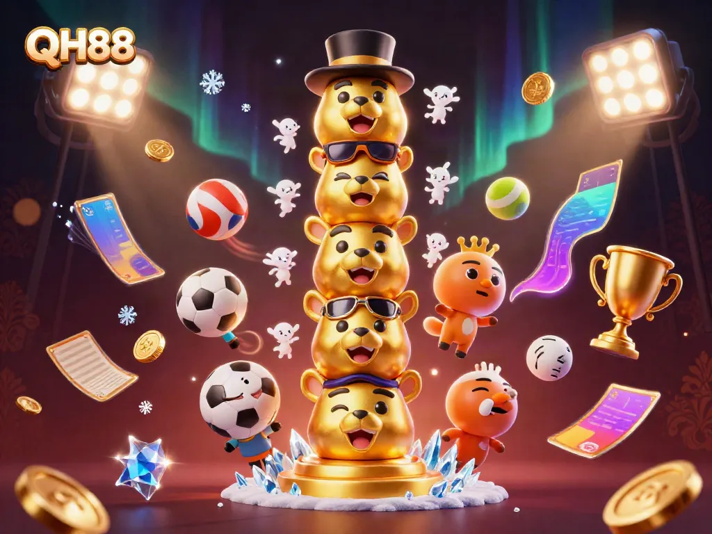 Experience the thrill of QH88 with a dynamic 3D casino scene showcasing diverse gaming elements.