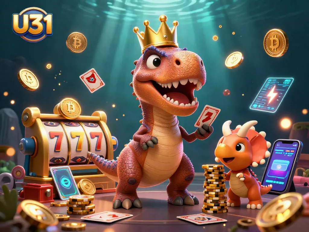 U31 gaming scene with a friendly T-Rex dealing cards and Bitcoin coins, showcasing vibrant online casino excitement.
