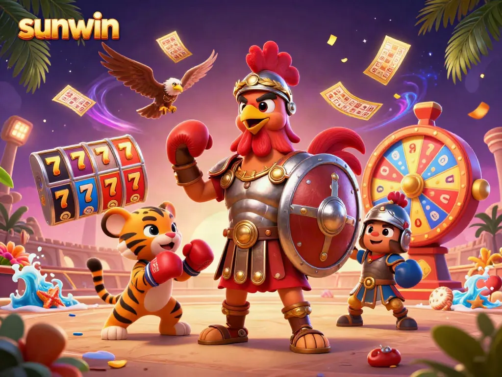Win big with sunwin in a vibrant 3D casino-themed scene featuring dynamic slot elements.