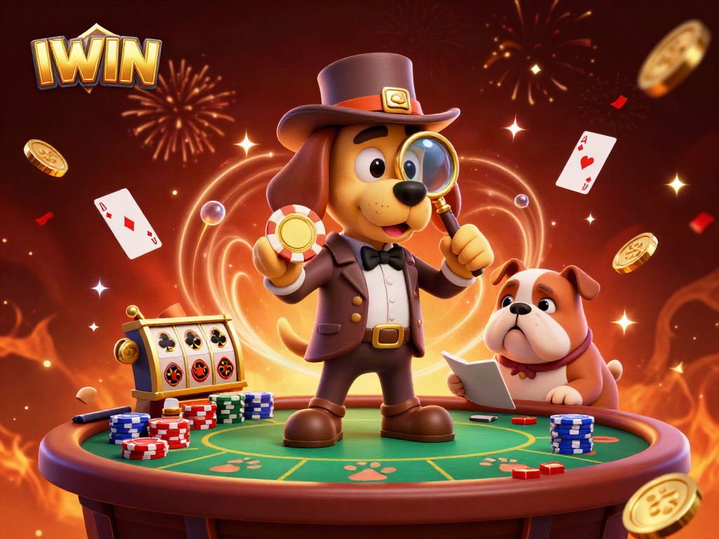 IWIN poker players uncovering treasures with a detective and bulldog amidst vibrant casino elements.