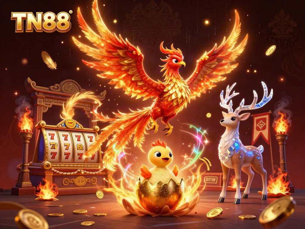 Experience thrilling action in TN88 with a blazing phoenix and gold coins in a dynamic casino scene.