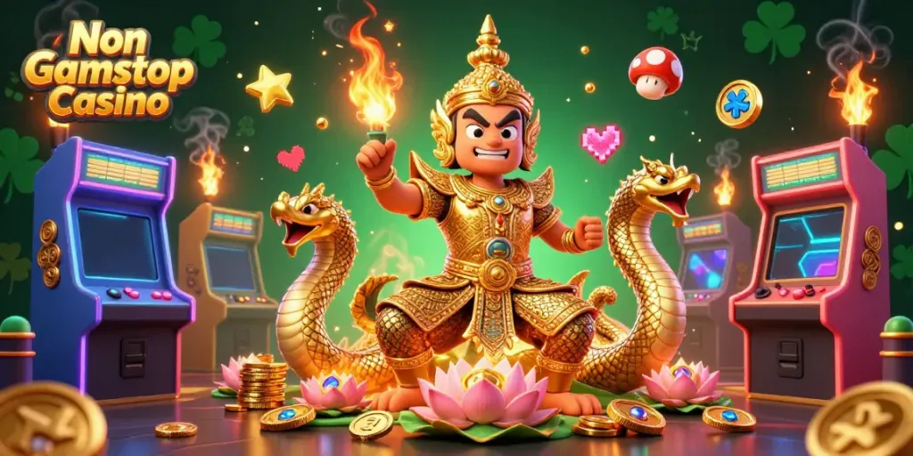 Engage with our Non Gamstop Casino’s vibrant illustration showcasing a Thai guardian character among gaming elements.