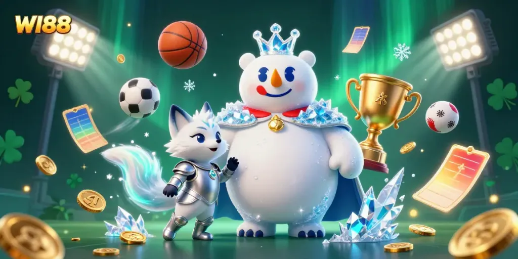 Experience the excitement of WI88, where a polar bear king and a snow fox amid vibrant sports elements create dynamic betting energy.