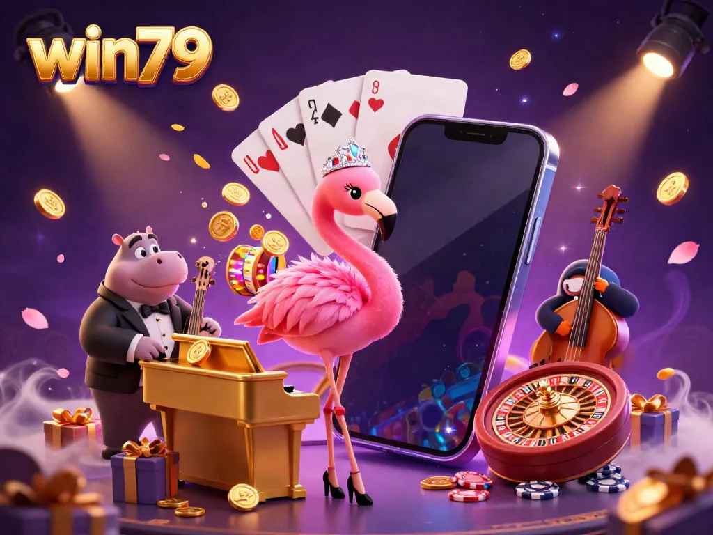Win79 interactive gaming scene showcasing thrilling slot gameplay with dynamic characters and casino elements.