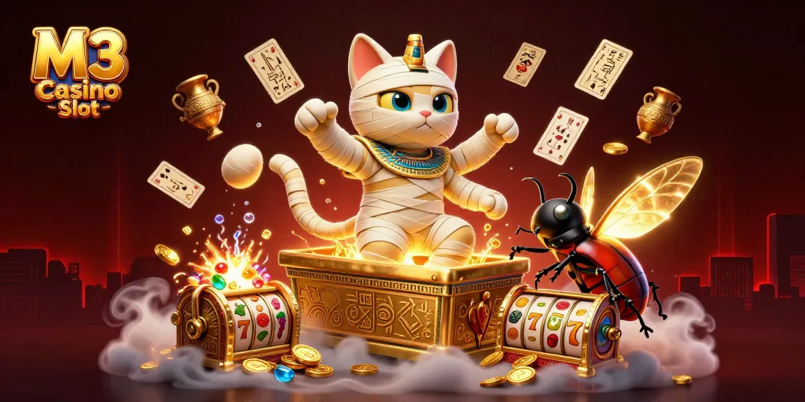 Experience M3 Casino Slot with Egyptian mummy cat, golden sarcophagus, and glowing elements in captivating casino scene.