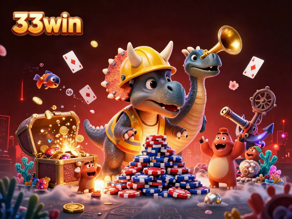 Celebrate wins at 33win with a vibrant illustration of casino-themed dinosaurs amidst treasure