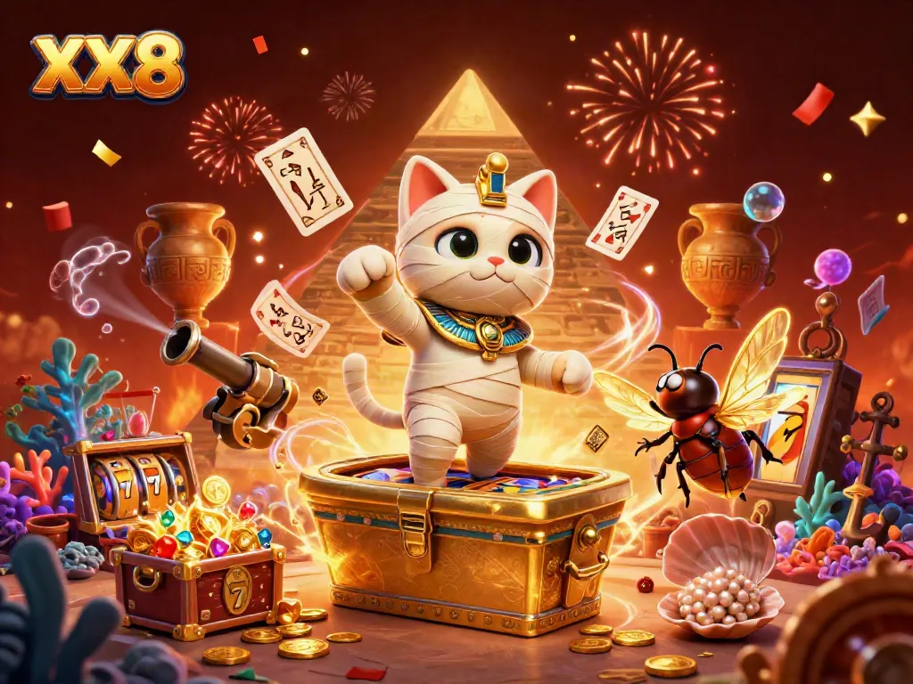 Engage with the immersive scene of XX 8, showcasing a mummy cat and golden treasures in a dynamic casino setting.