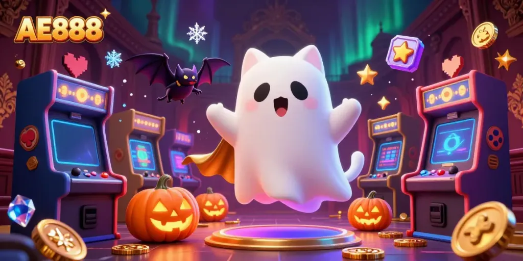 Engage exciting AE888 gaming adventures in a haunted casino with vibrant characters.