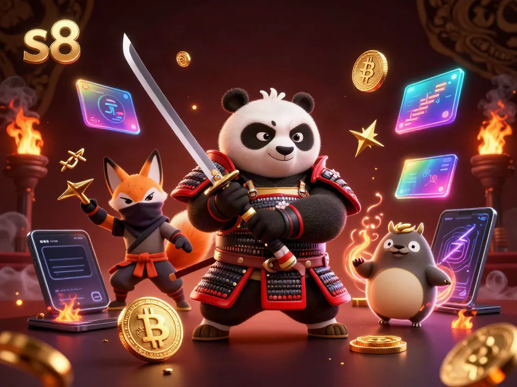 Experience thrilling action and winning strategies with s8's vibrant casino illustration featuring samurai panda and ninja fox.