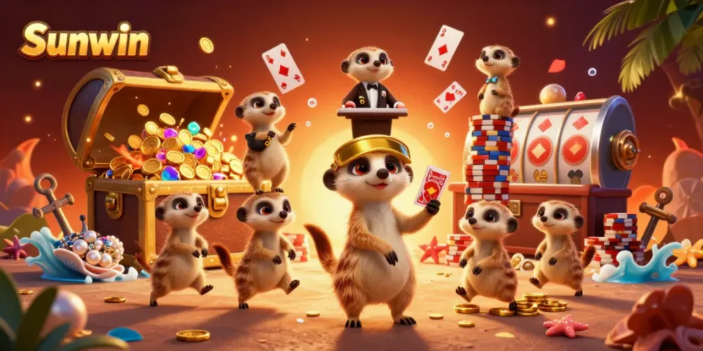 Experience the excitement of Sunwin with a lively meerkat casino scene featuring dynamic characters and vivid game elements.