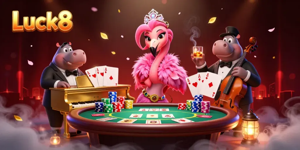 Luck8 lends excitement with vibrant casino characters, poker elements, and a lively atmosphere.