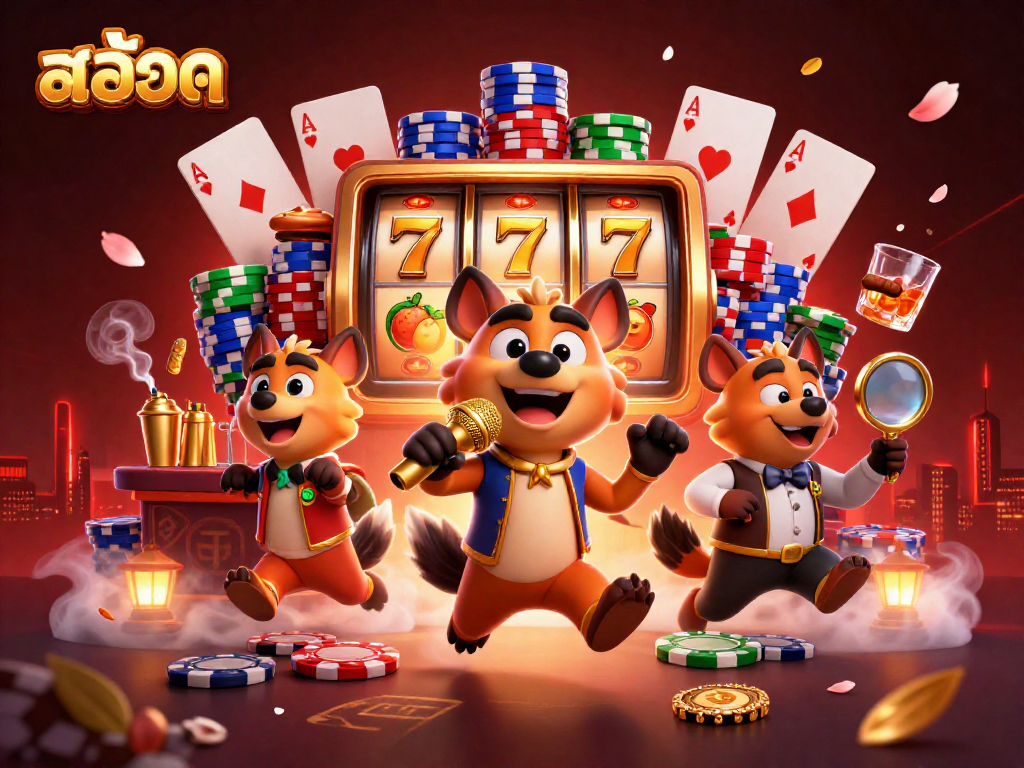 Engage with สล็อต in a vibrant casino scene featuring animated hyenas.
