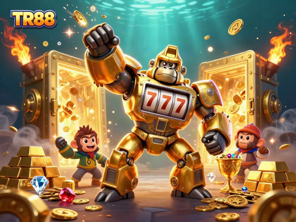Engage with TR88's electrifying casino world, where a golden gorilla mech interacts with jackpot elements.