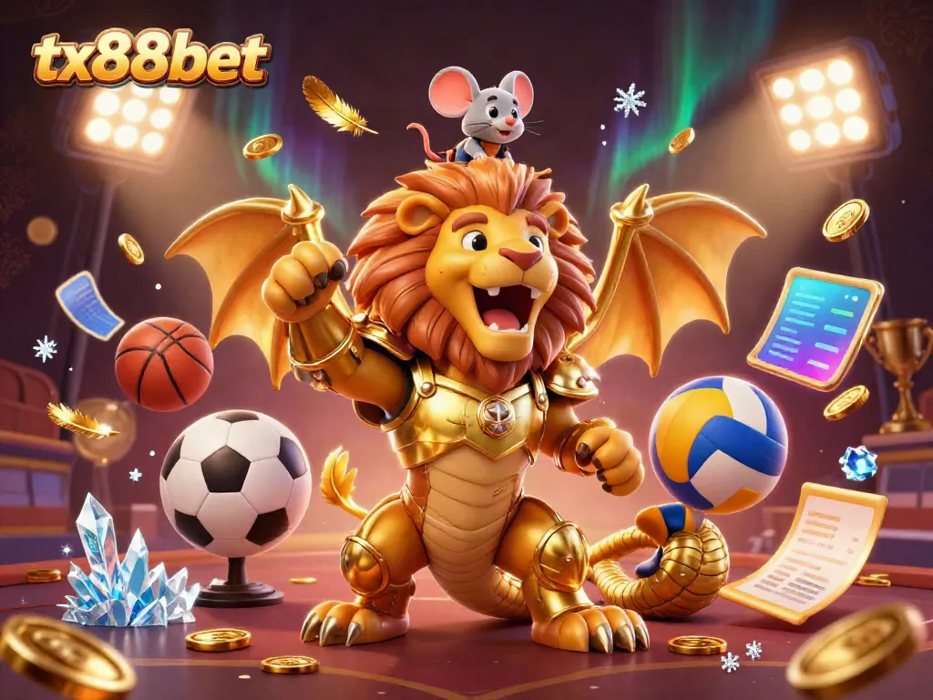 Experience the thrill of tx88bet with a dynamic 3D illustration of a golden chimera and sports elements.