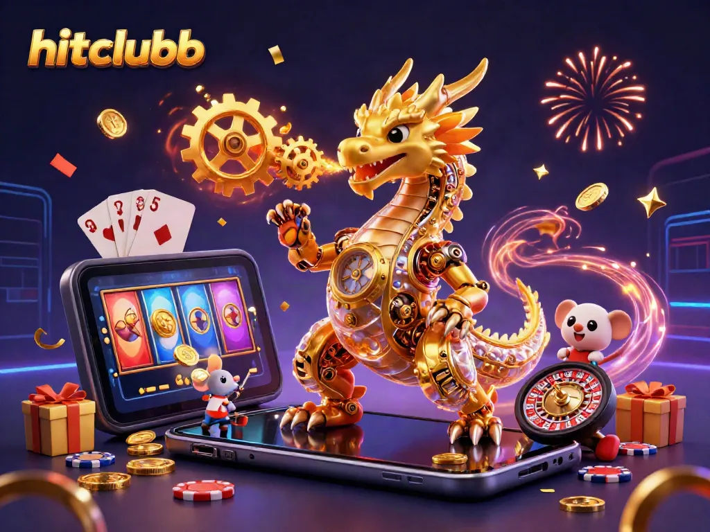Hitclubb showcases a dynamic 3D scene featuring a golden dragon and thrilling slot games with vibrant energy.