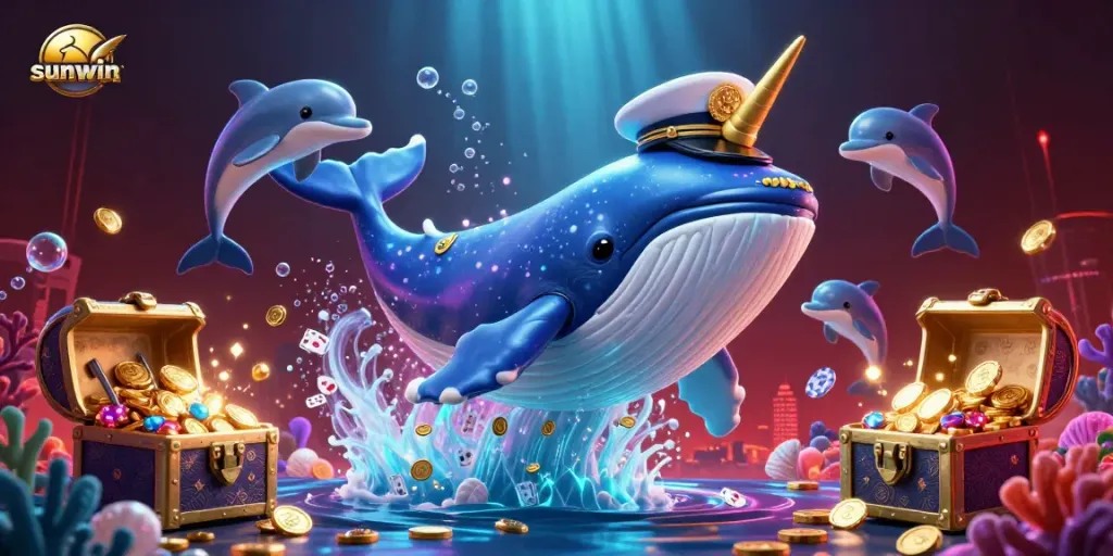 Play interactive sunwin casino with a vibrant scene of a whale, narwhal, and dolphins amidst a treasure-filled underwater world.
