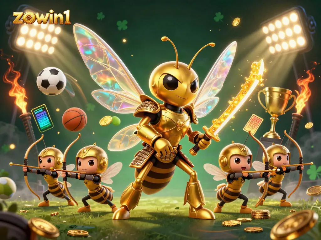 Experience thrilling gameplay with zowin1 as golden hornets wield katanas surrounded by dynamic sports elements.