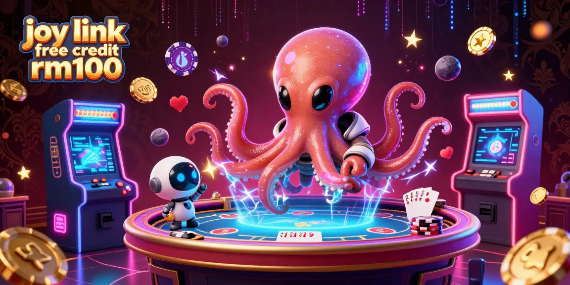 Play poker like never before with joy link free credit rm100, featuring a vibrant scene of an alien octopus and casino elements.