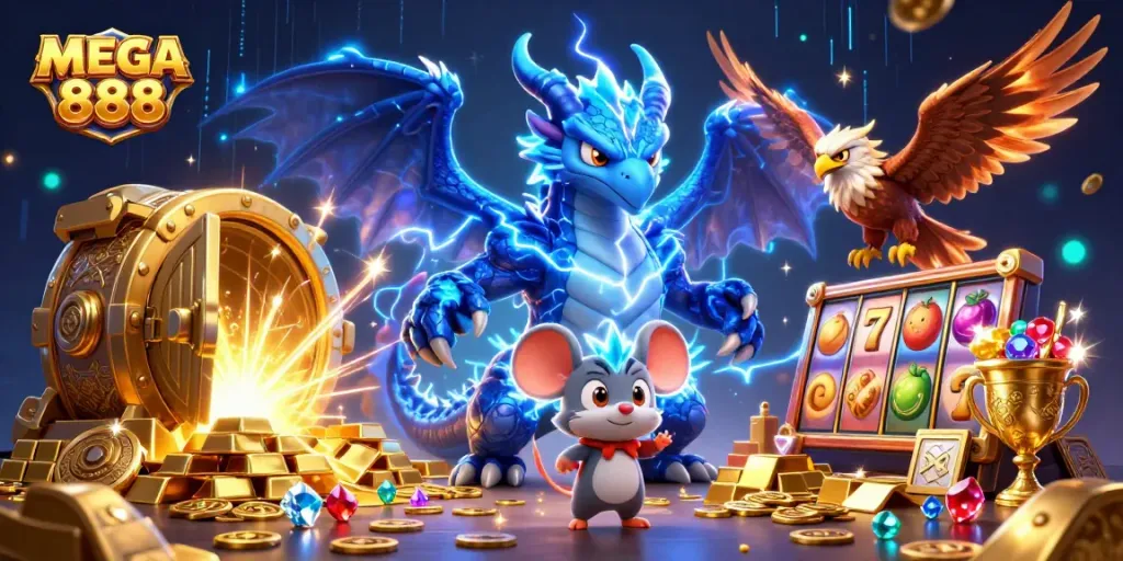 Experience thrilling gameplay with mega 888, featuring vibrant characters and dynamic slot elements.
