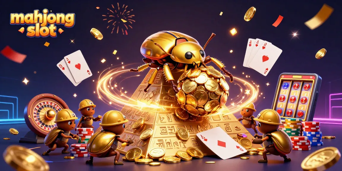 Experience exhilarating action with mahjong slot featuring golden beetles and casino symbols.