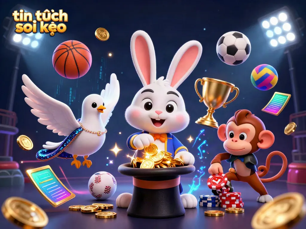 Engage with thrilling tin tức soi kèo featuring a magician pulling coins, a dove, and a monkey in action.