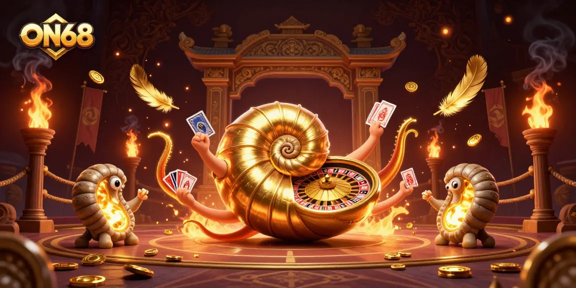 Experience thrilling games at ON68 with the giant nautilus and golden roulette at this vibrant casino scene.