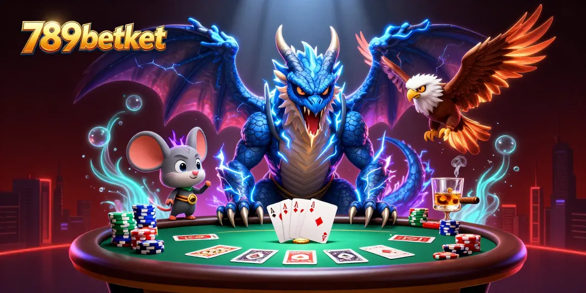Experience thrilling action at 789betket poker tables with electrifying characters in vibrant illustration.